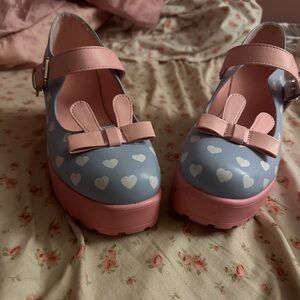 Blue Dollskill shoes with bunny ear bows and hearts
